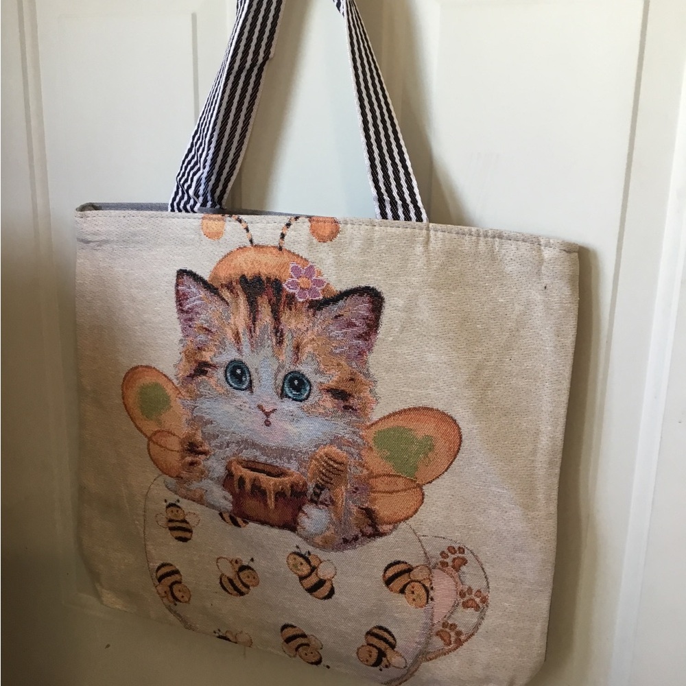 Cute Cat & Bees Canvas Tote Bag in Beige